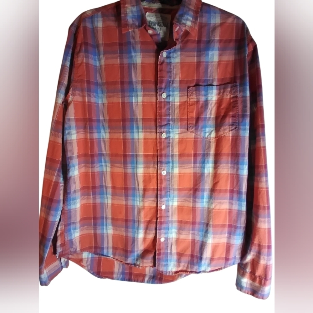 Aeropostale Men's Plaid Shirt - Red and Blue Cotton Size M Everyday Wear Office